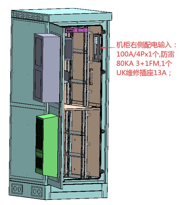 Cabinet right-side power distribution input:  100A/4P x 1 pc, surge protection  80KA 3+1FM, 1 pc  13A UK maintenance socket;