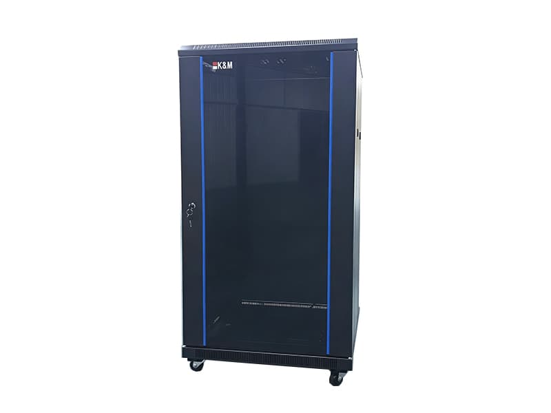 Front-angle view of a black standard 19 inch network cabinet