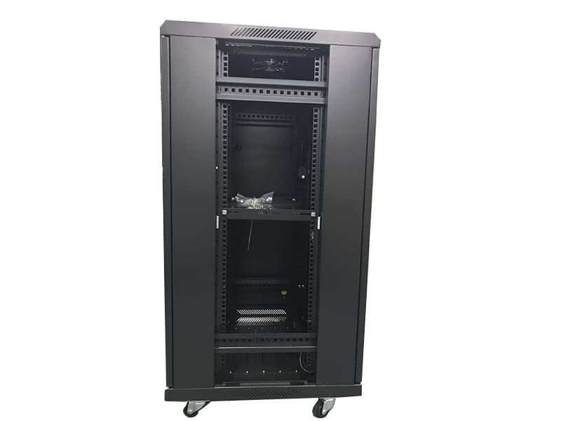 Direct front view of 19 inch server cabinet with tempered glass door