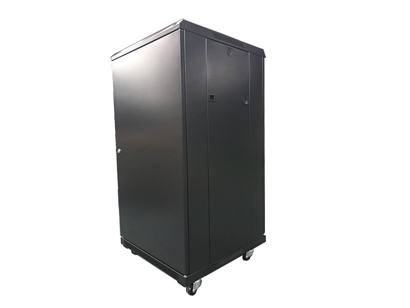 Side view of heavy duty black data center network cabinet